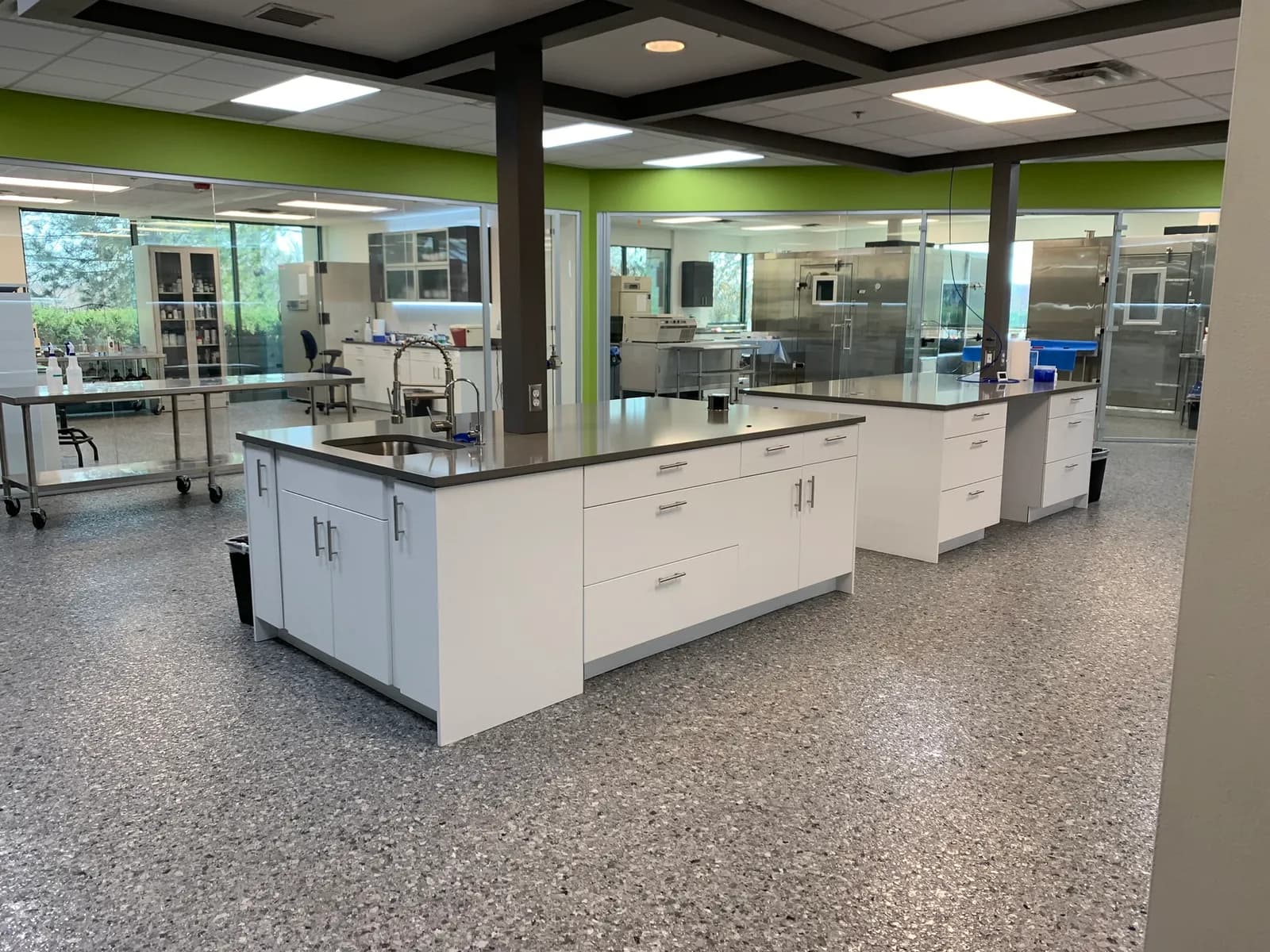 ARE Labs open laboratory with glass walls, lab benches, and stainless work surfaces