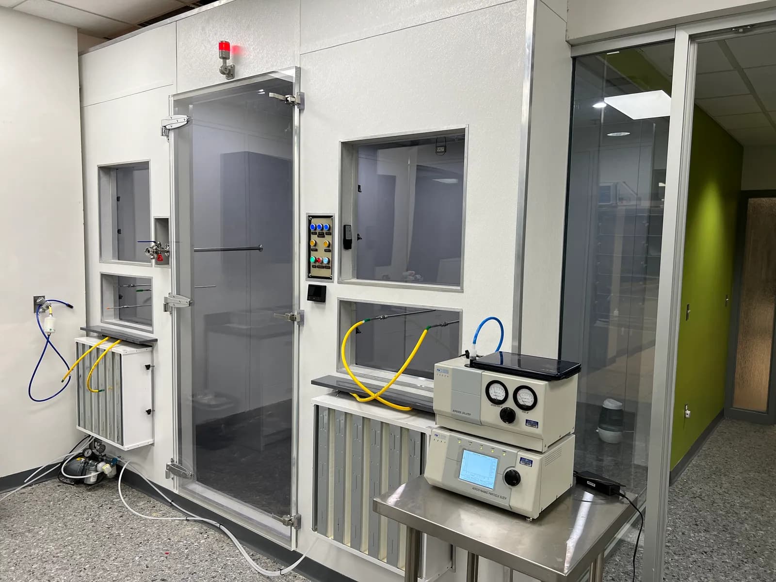 ARE Labs 30 m3 bioaerosol chamber with particle sizing instruments and chamber controls
